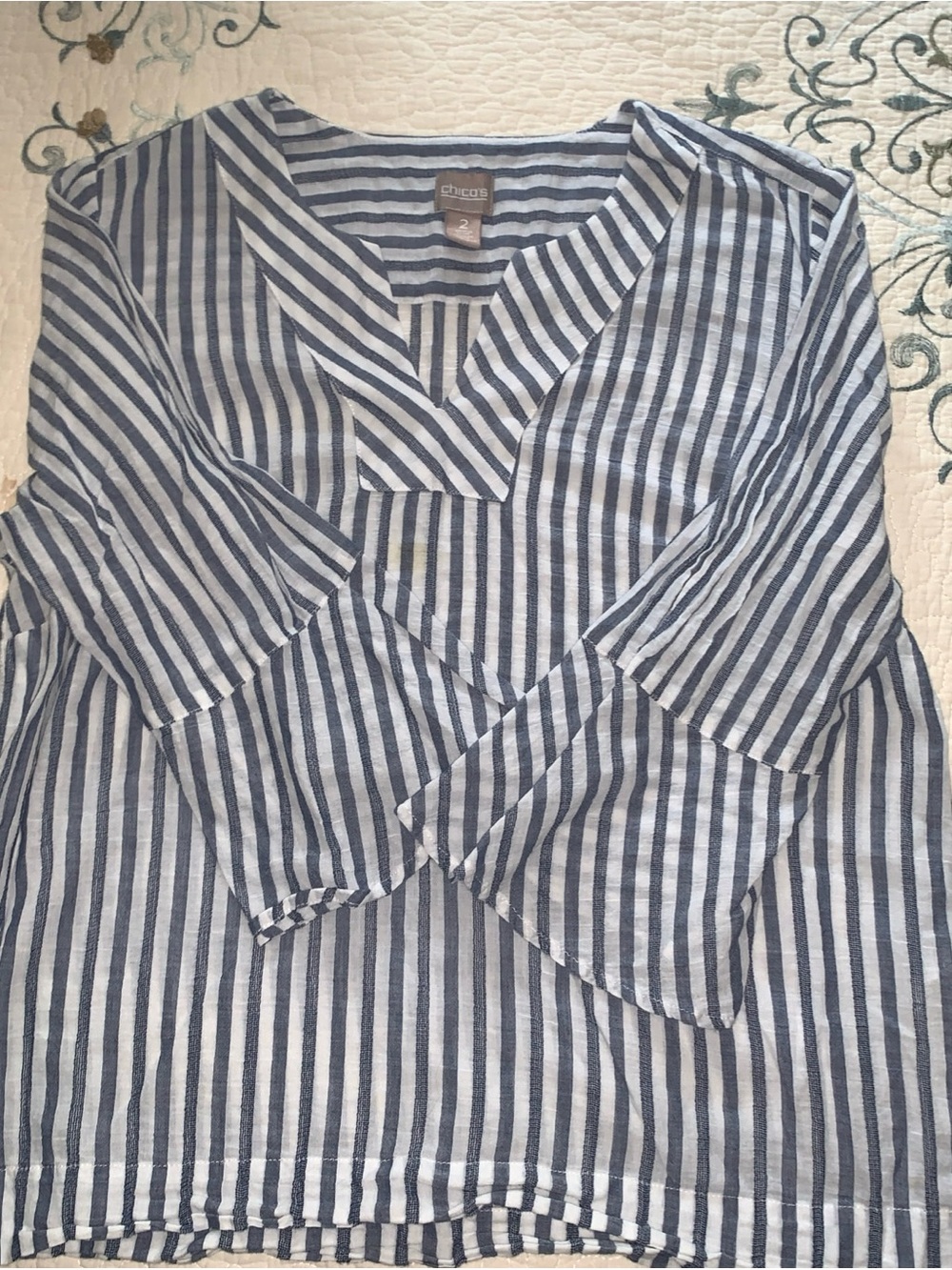 Chico's Women's Blue & White Stripe 3/4 Sleeve Top Blouse Size 2
